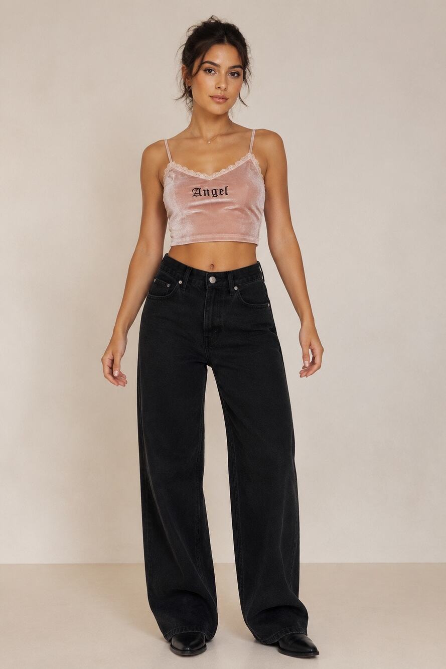 SHEIN Pink Velvet Angel Embroidered Lace Cami Crop Top Y2K